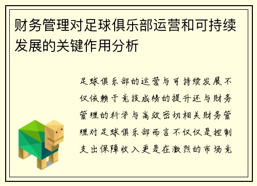 财务管理对足球俱乐部运营和可持续发展的关键作用分析